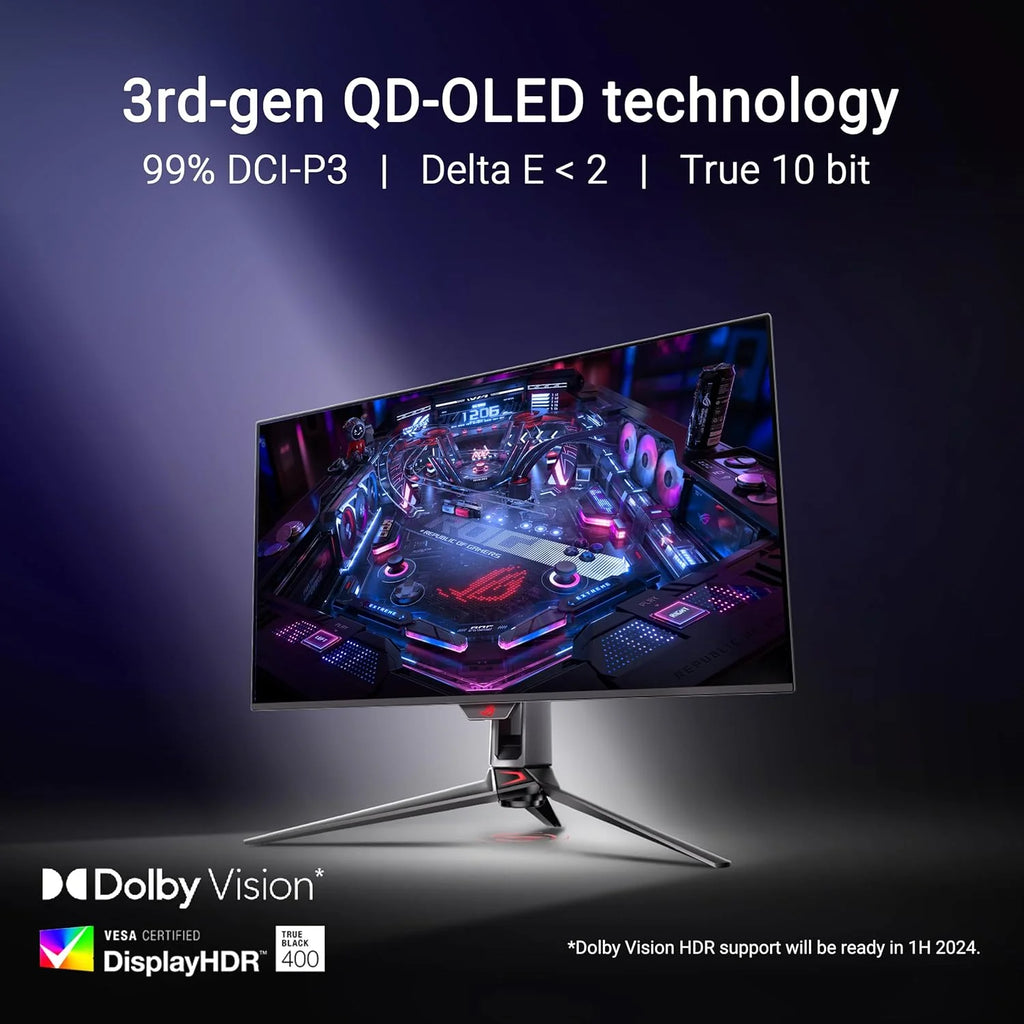 ASUS ROG Swift OLED PG32UCDMZ – 32-calowy monitor gamingowy 4K UHD, 240 Hz, 0,03 ms GtG, G-Sync, FreeSync, AdaptiveSync, 10-bit, DisplayHDR 400 TB, QD – 16:9, 3840 x 2160, DP 1.4 DSC, HDMI 2.1, 90
