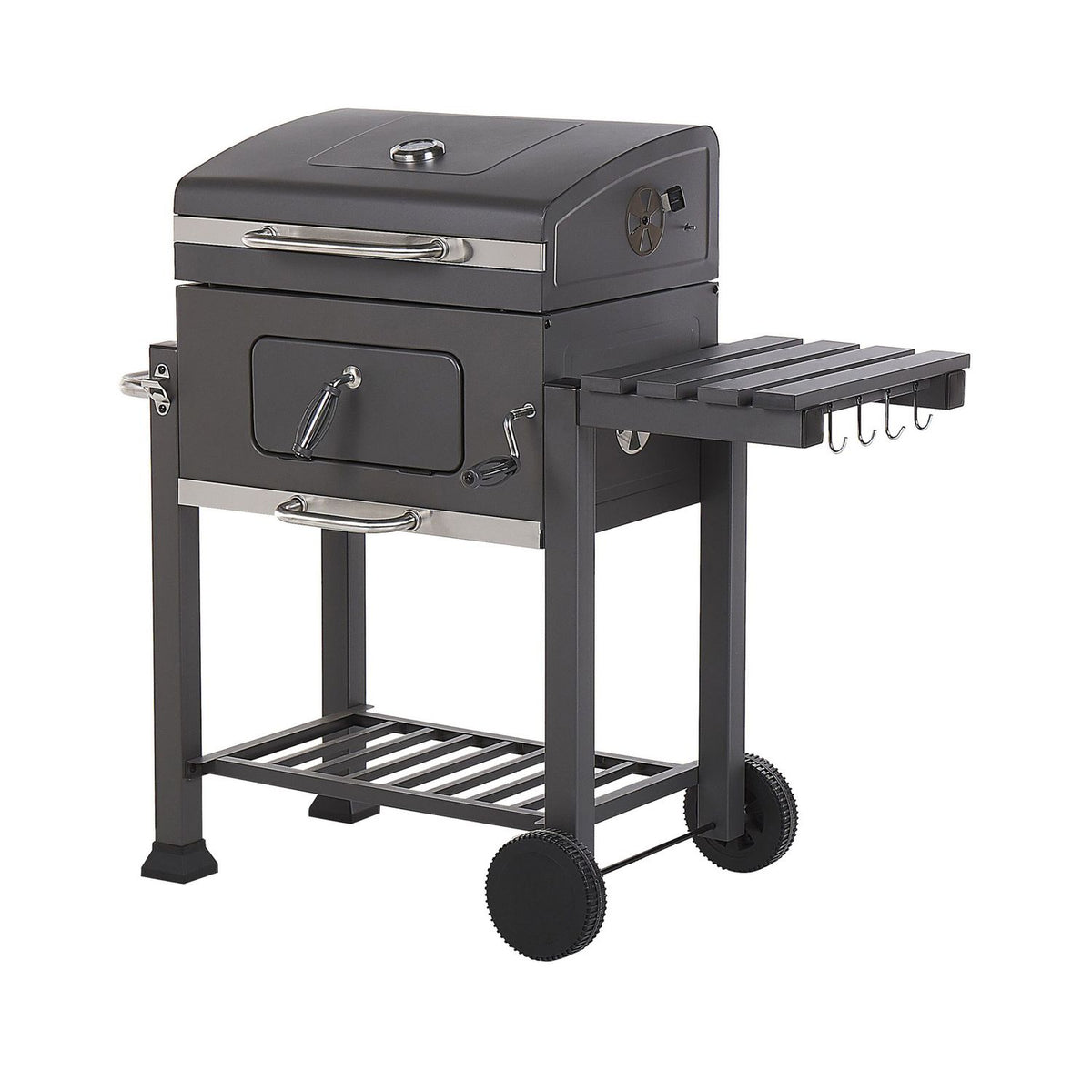 Grill węglowy BBQ, stal szara, z pokrywą, rusztem, kółkami, 2 półkami, termometrem, wyjmowaną popielniczką, Garden Pavlof - szary