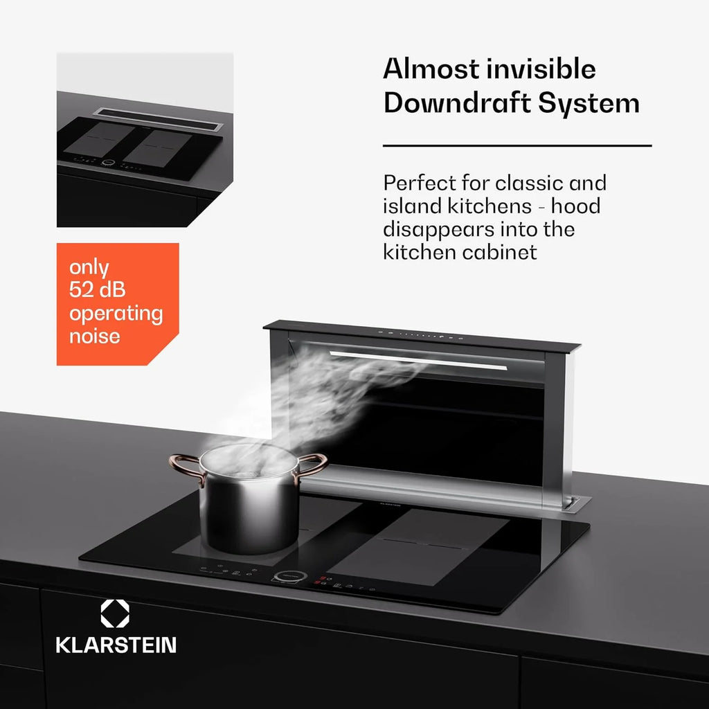Klarstein Okap kuchenny 90 cm wyciąg w dół, wyciąg kuchenny recyrkulacja 2 w 1, przepływ powietrza 576 m³/h, wentylator wyciągowy ze światłem LED i panelem dotykowym