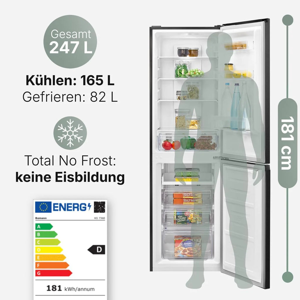 Lodówka i zamrażarka Bomann 247L KG7360-Czarna, System MultiAirflow, Całkowicie bezszronowa, 4 szklane półki, Oświetlenie LED, Klasa energetyczna A+, Czarna