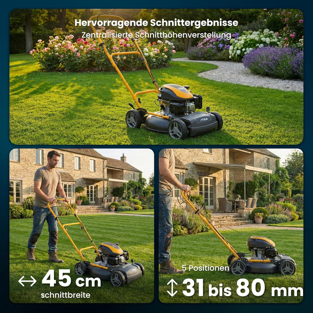 STIGA Multiclip 47 S silnik wybuchowy, kosiarka do trawy trakcyjnej z silnikiem o pojemności 123 ccm, płyta tnąca 45 cm, 5 wysokości cięcia, ergonomiczny uchwyt składany
