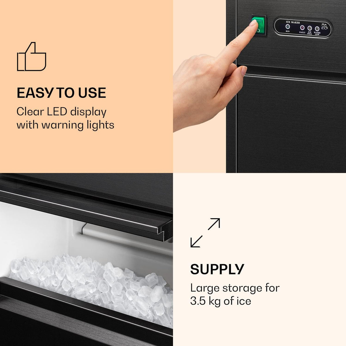 Klarstein Powericer - kostkarka do lodu, Ice Maker, LED, wykładzina neutralna smakowo, bardzo cicha, stal nierdzewna, pojemnik magazynowy 3,5 kg, 145 W, 20 kg / 24 h, czarna