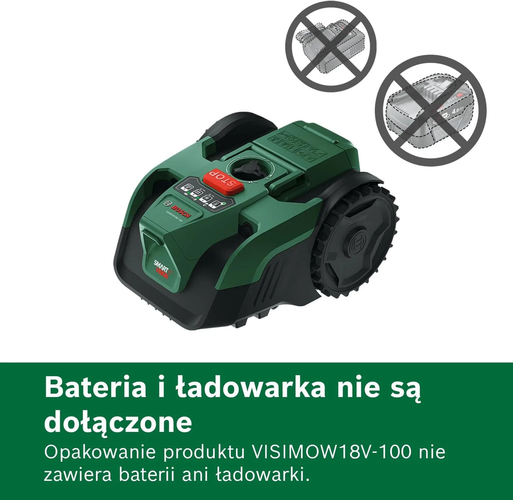 Bosch Akumulatorowy robot koszący VISIMOW18V-100 (do trawników o powierzchni do 100 m², szerokość cięcia: 16 cm, wysokość cięcia: 20 – 60 mm, bez akumulatora)
