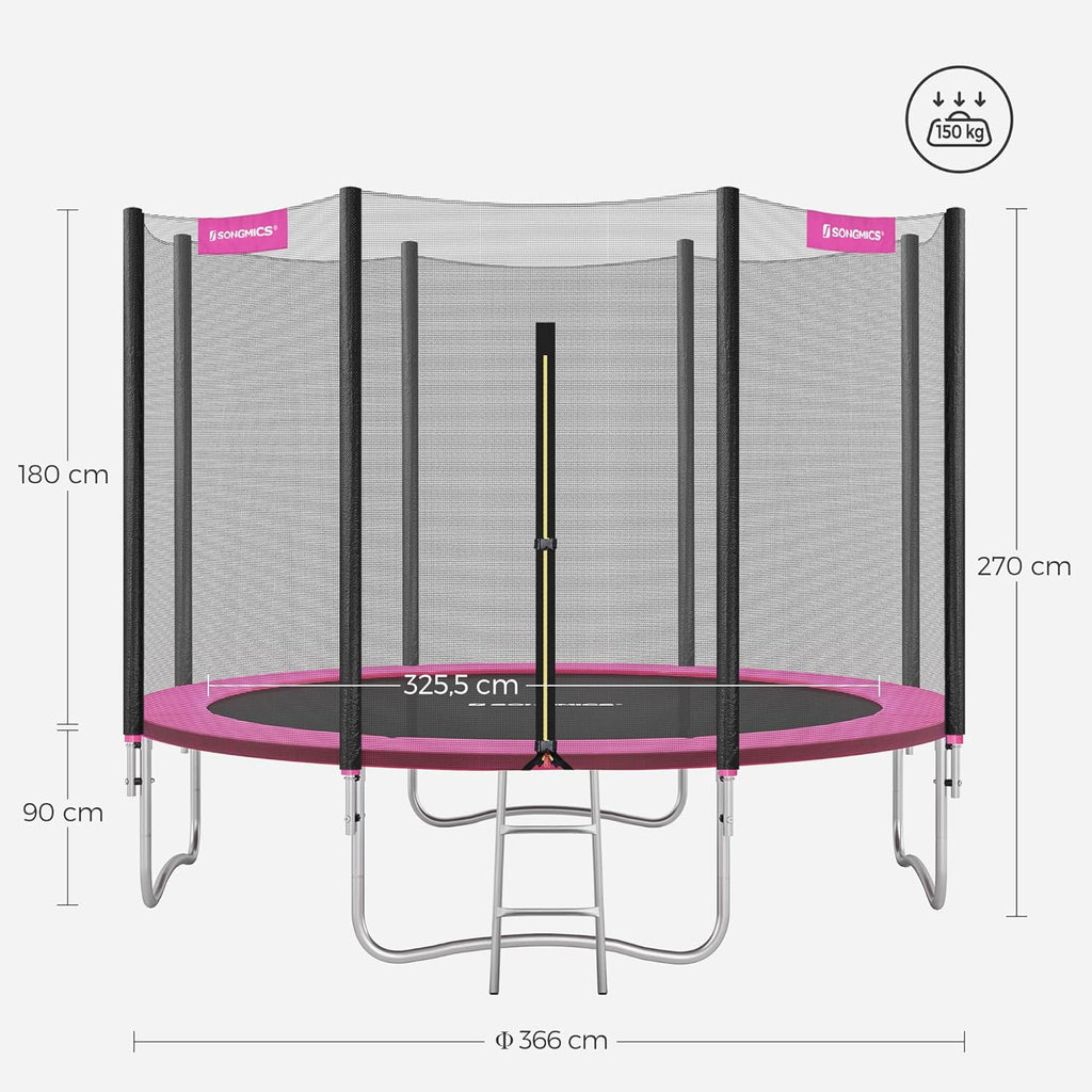 SONGMICS Trampolina ogrodowa o średnicy 183/244/305/366/427 cm, z siatką zabezpieczającą, drabinką i wyściełanymi drążkami, osłona bezpieczeństwa, zewnętrzna