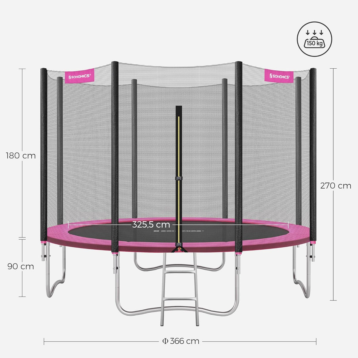 SONGMICS Trampolina ogrodowa o średnicy 183/244/305/366/427 cm, z siatką zabezpieczającą, drabinką i wyściełanymi drążkami, osłona bezpieczeństwa, zewnętrzna