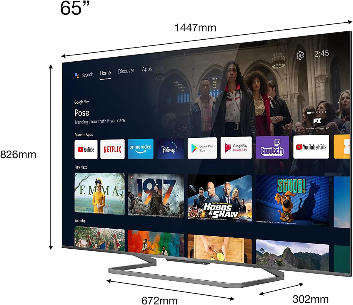 TCL 65V6C 65-calowy bezpośredni telewizor LED, 4K HDR TV, Smart TV Powered by Google (Dolby Audio, Motion Clarity, kompatybilny z Google Assistant & Alexa, 2025 nowy model)