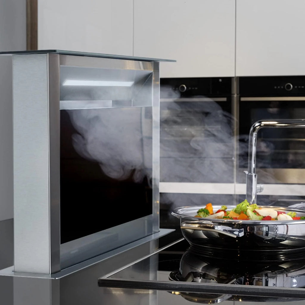 Klarstein Okap kuchenny 90 cm wyciąg w dół, wyciąg kuchenny recyrkulacja 2 w 1, przepływ powietrza 576 m³/h, wentylator wyciągowy ze światłem LED i panelem dotykowym