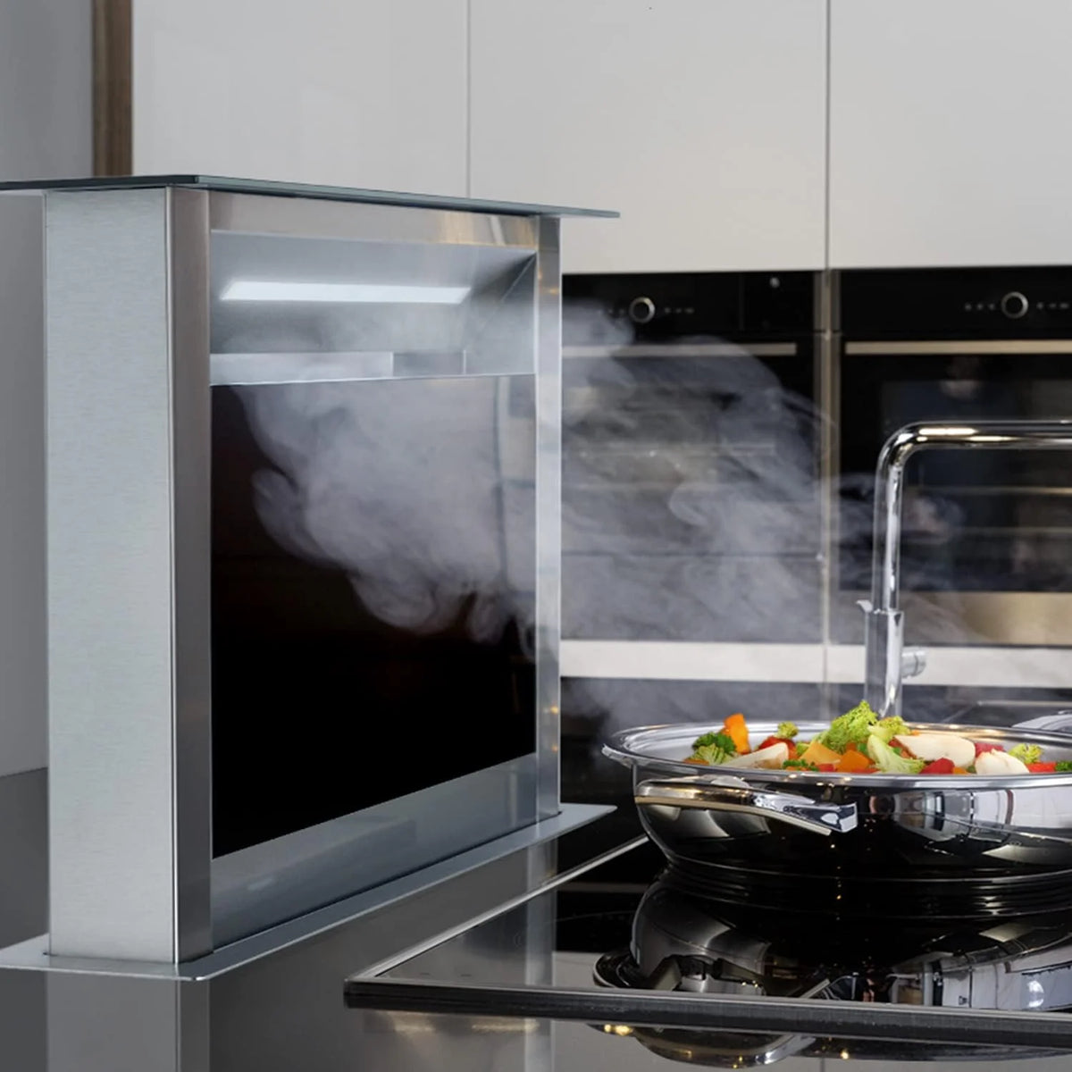 Klarstein Okap kuchenny 90 cm wyciąg w dół, wyciąg kuchenny recyrkulacja 2 w 1, przepływ powietrza 576 m³/h, wentylator wyciągowy ze światłem LED i panelem dotykowym
