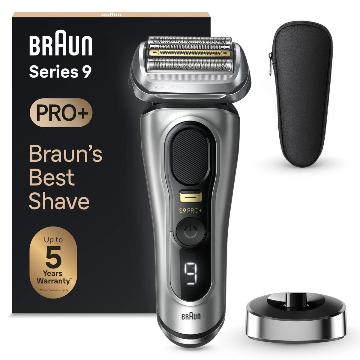 Braun Golarka elektryczna Series 9 Pro z głowicą 4+1, trymerem ProLift, stojakiem ładującym i etui podróżnym, technologia Sonic, wtyczka 2-pinowa brytyjska, 9417s, srebrna golarka, ocena najlepszego