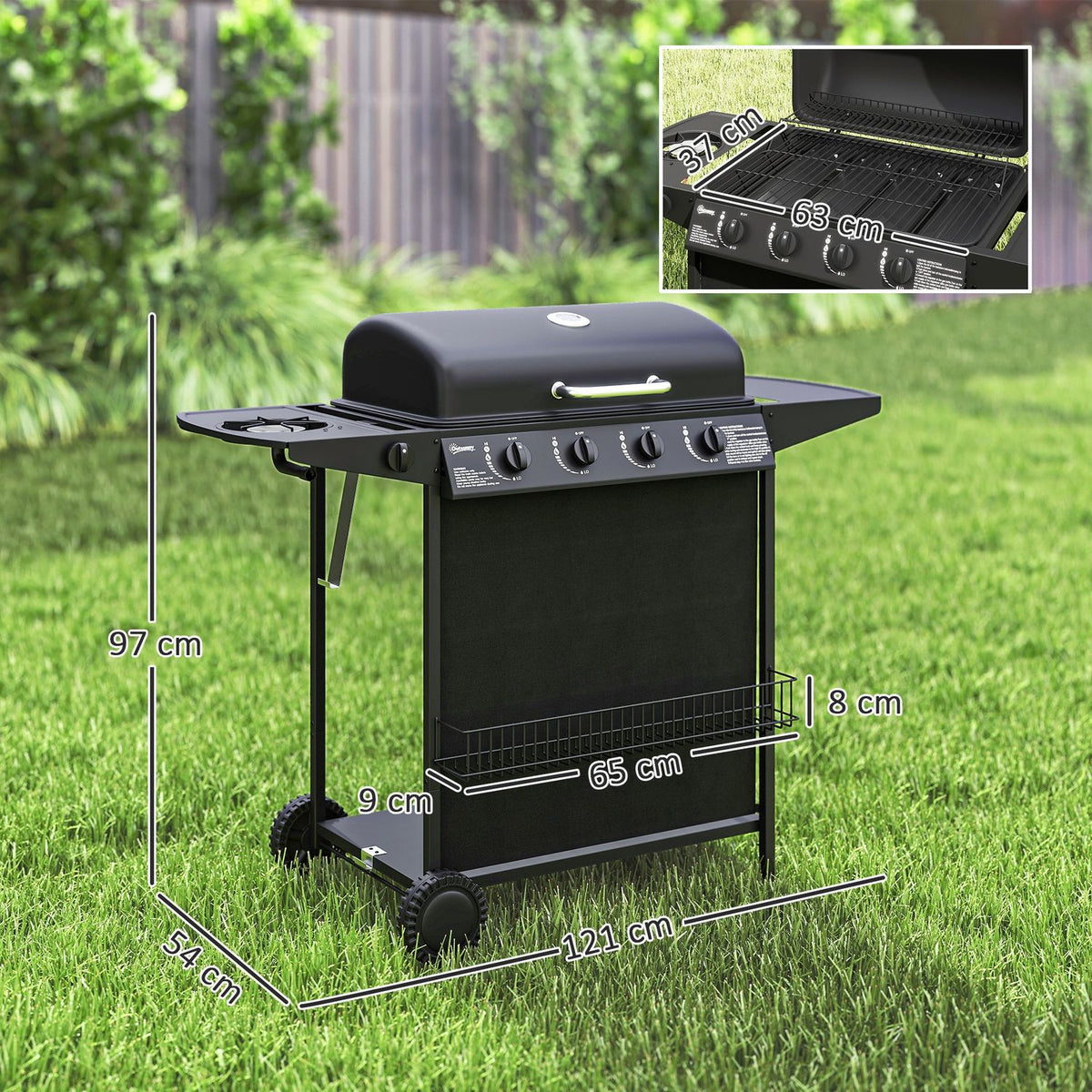 Grill gazowy ze stali ABS 121x54x97 cm - Outsunny. Czarny