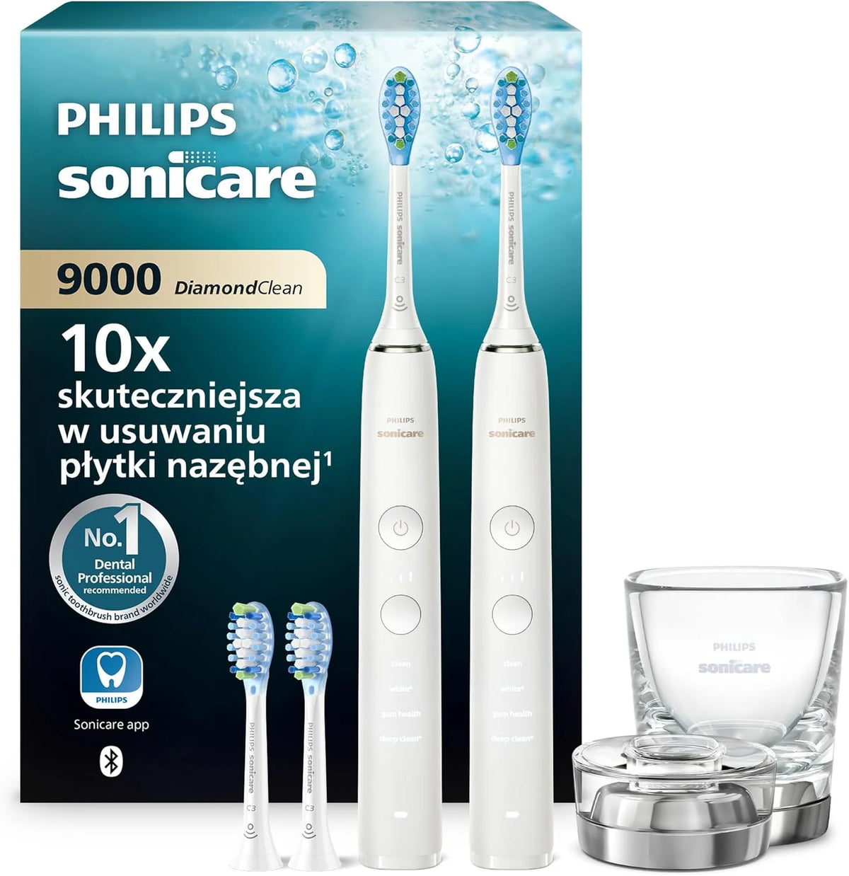 Szczoteczka elektryczna Philips Sonicare DiamondClean 9000, podwójne opakowanie, szczoteczka soniczna z aplikacją, czujnik nacisku, szklanka do ładowania, kolor czarny i Rosegold, model HX9914/61