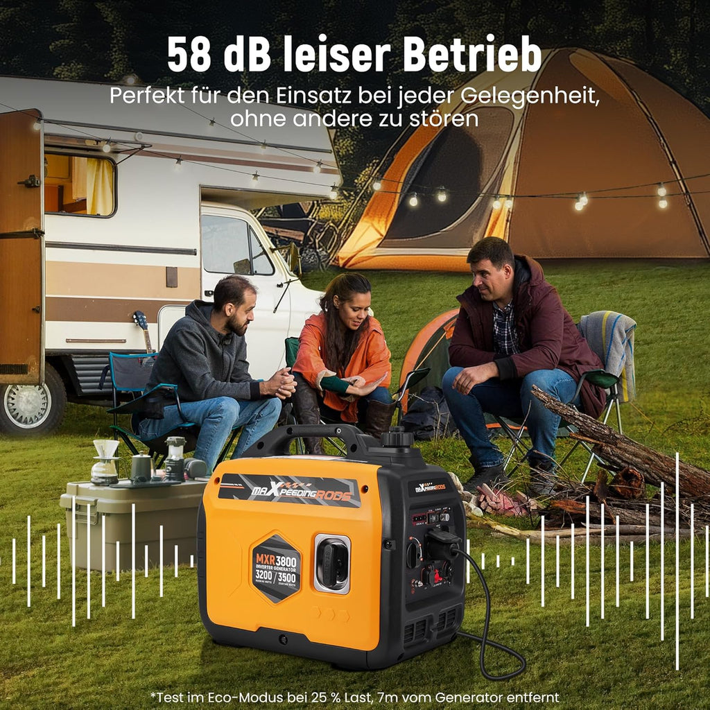 maXpeedingrods Inwerterowy generator prądu 3500 W, lekki i mobilny agregat prądotwórczy na benzynę, tryb ECO z 2 x 230 V / 2 x USB / 1 x 12 V DC gniazda wtykowe na kemping, festiwale, podróże