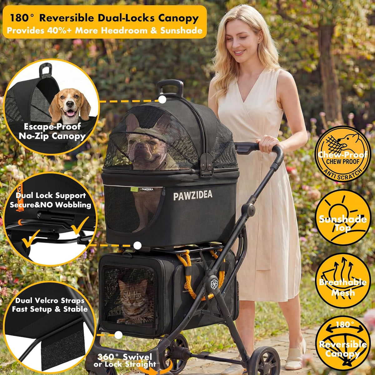 PAWZIDEA Podwójny wózek dla zwierząt domowych, dla 2 kotów, psów, małych i średnich, zatwierdzony przez TSA, transporter dla kota, rozszerzalny, ze zdejmowaną torbą do przenoszenia, 2 x zdejmowany