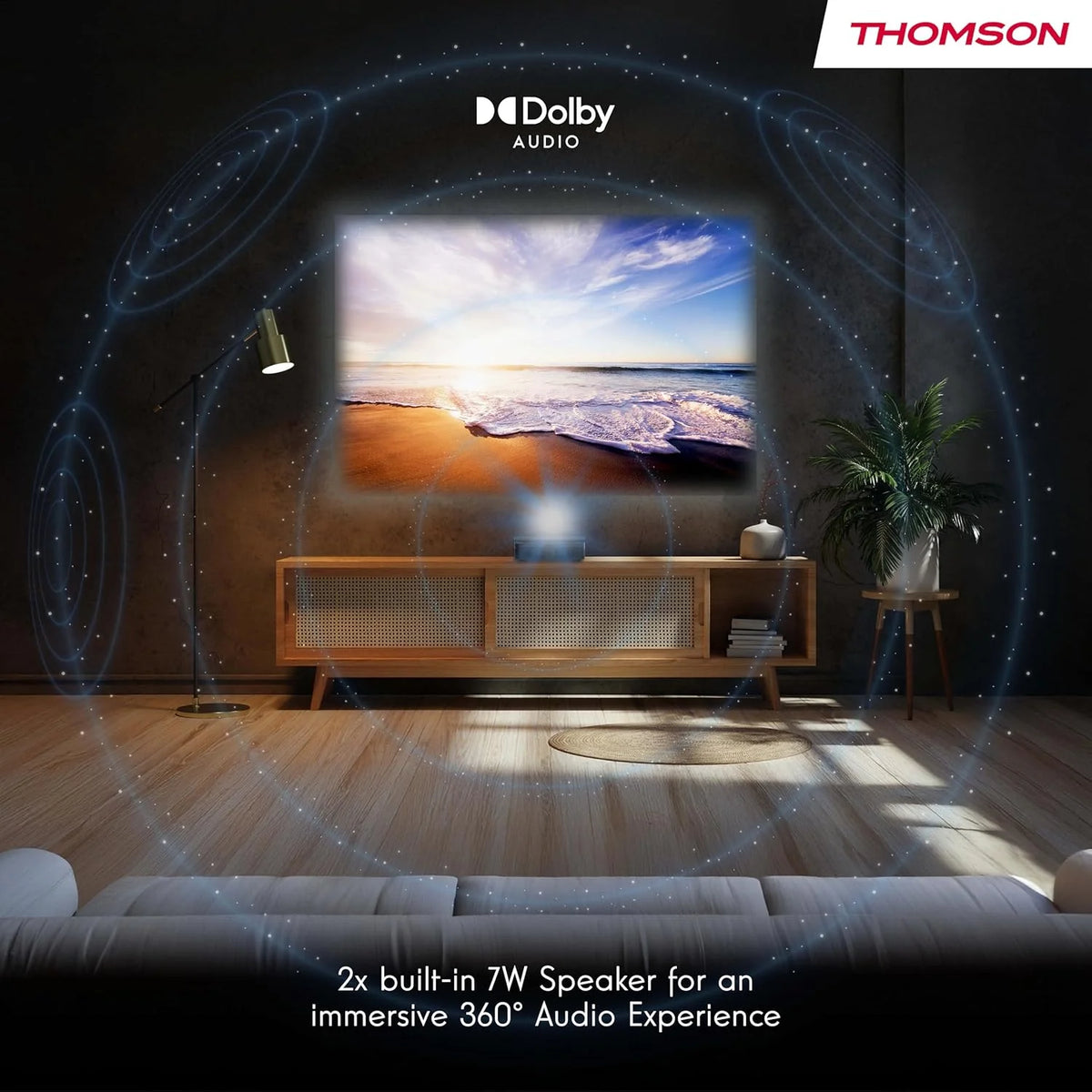 Thomson Sirius PG55B Inteligentny Projektor Laserowy RGB, Bardzo Krótki Rzut, Full HD 1080p, Google TV, 600 ANSI, Autofocus, HDR10+, Dolby Digital+, Bateria, WiFi, Bluetooth