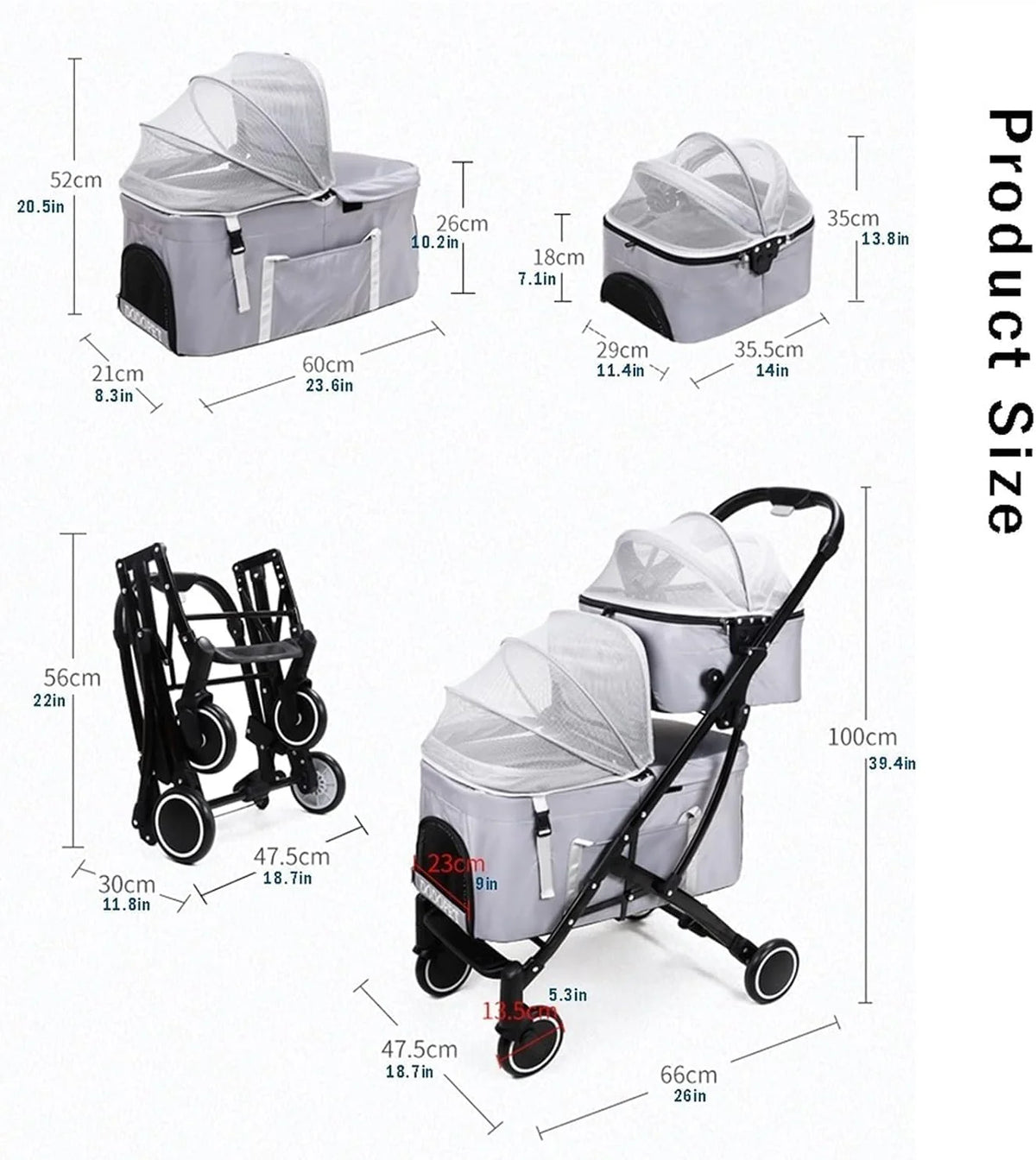Dwuwarstwowe Wózki Dla Psów Premium Dla Dwóch Kotów Lub Psów - Wózek Twin Pet Z Odpinanym Transporterem Podróżnym, Idealny Dla Wielu Zwierząt Domowych, Purple