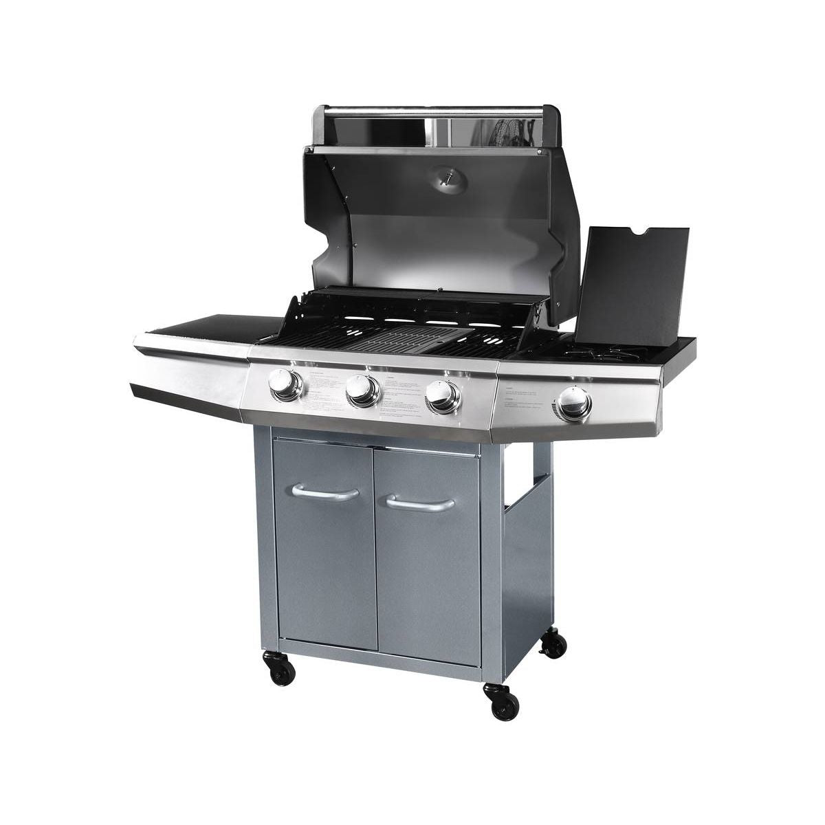 Grill gazowy z diodami LED „Bingo 4” – 4 palniki (1 strona) – 14 kW + osłona ochronna – srebrny