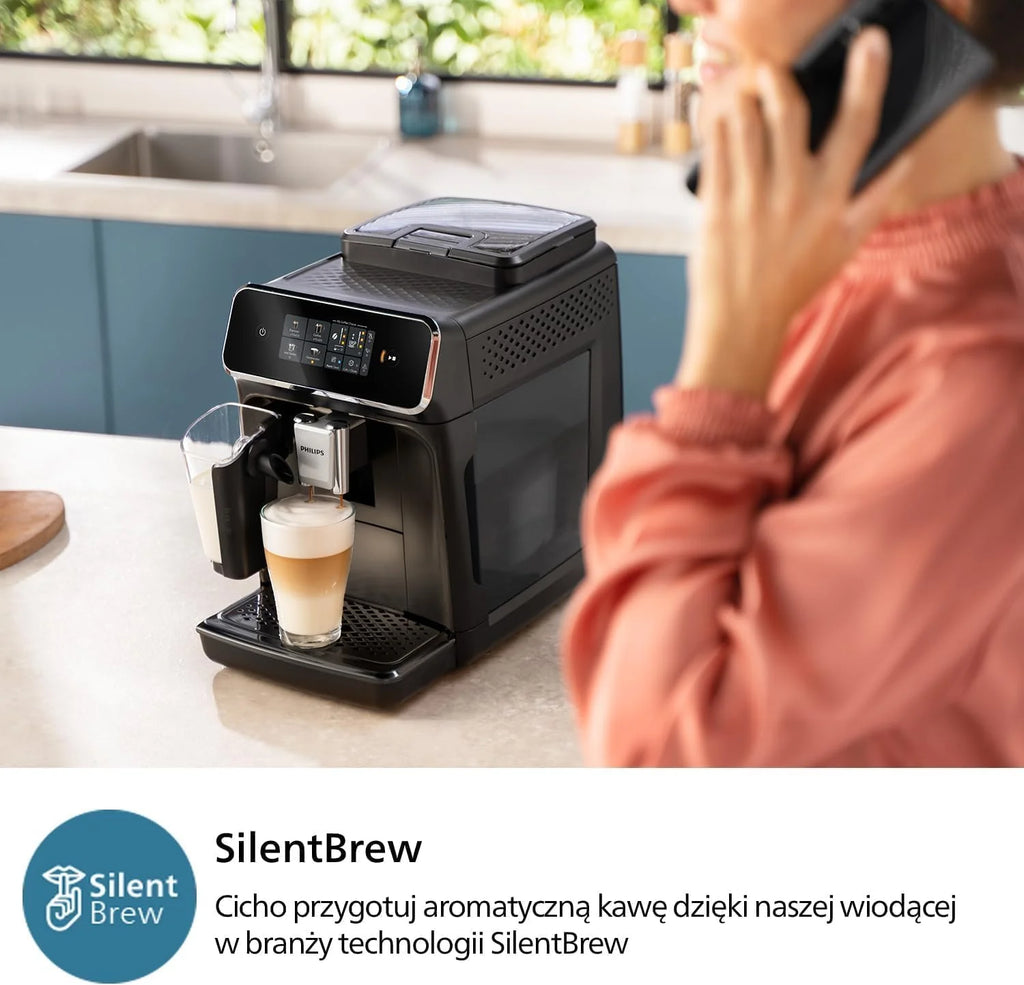 Philips z serii 2300 w pełni zautomatyzowany ekspres do kawy - 4 napoje, nowoczesny, kolorowy ekran dotykowy, LatteGo, SilentBrew, młynek w 100% ceramiczny, filtr AquaClean. Czarny, matowy (EP2330/10)