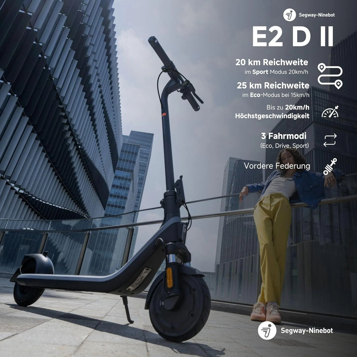 Segway-Ninebot E2 D II – E hulajnoga z dopuszczeniem do ruchu drogowego, z zawieszeniem i kierunkowskazem, moc 20 km/h, moc 450 W, zasięg 25 km, nośność 90 kg, hulajnoga elektryczna dla dorosłych,