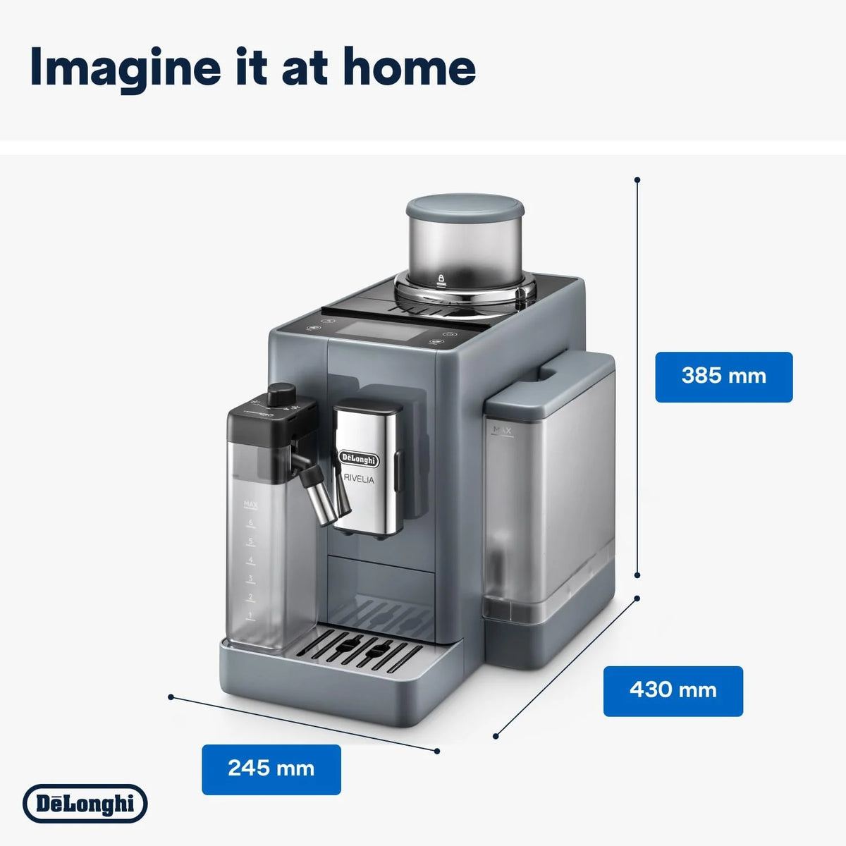 De'Longhi Rivelia EXAM440.55.G, superautomatyczny ekspres do kawy z LatteCrema Hot, automatyczny spieniacz do mleka, kompaktowy rozmiar, 16 przepisów, kolorowy ekran dotykowy, szary