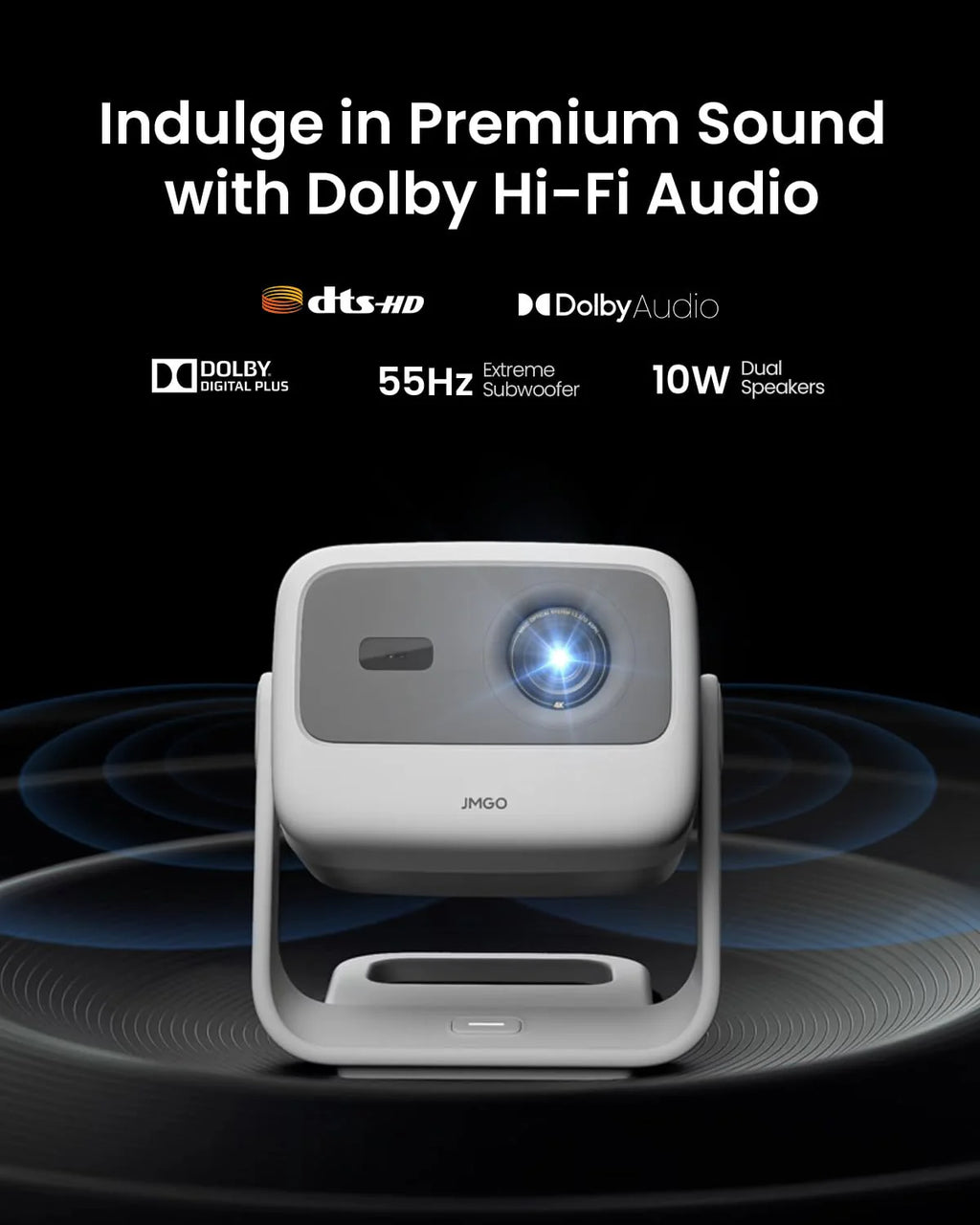JMGO N1S 4K Mini Projektor, potrójny laser, 1100 lumenów ISO, szybki autofokus z gimbalem, Google TV, Netflix, 110% BT.2020, HDR10, 10W Dolby Audio, 3D Blu-ray, 200 na zewnątrz, do gier, na imprezy