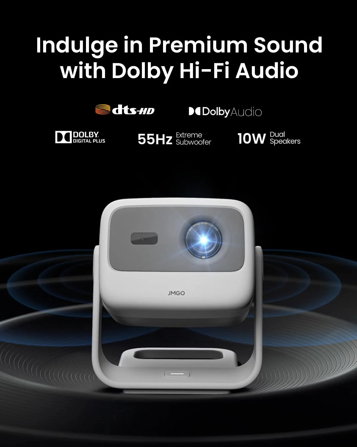 JMGO N1S 4K Mini Projektor, potrójny laser, 1100 lumenów ISO, szybki autofokus z gimbalem, Google TV, Netflix, 110% BT.2020, HDR10, 10W Dolby Audio, 3D Blu-ray, 200 na zewnątrz, do gier, na imprezy