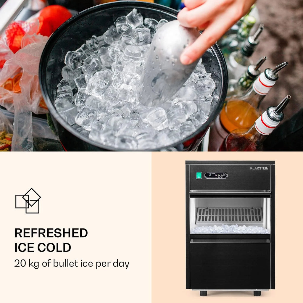Klarstein Powericer - kostkarka do lodu, Ice Maker, LED, wykładzina neutralna smakowo, bardzo cicha, stal nierdzewna, pojemnik magazynowy 3,5 kg, 145 W, 20 kg / 24 h, czarna
