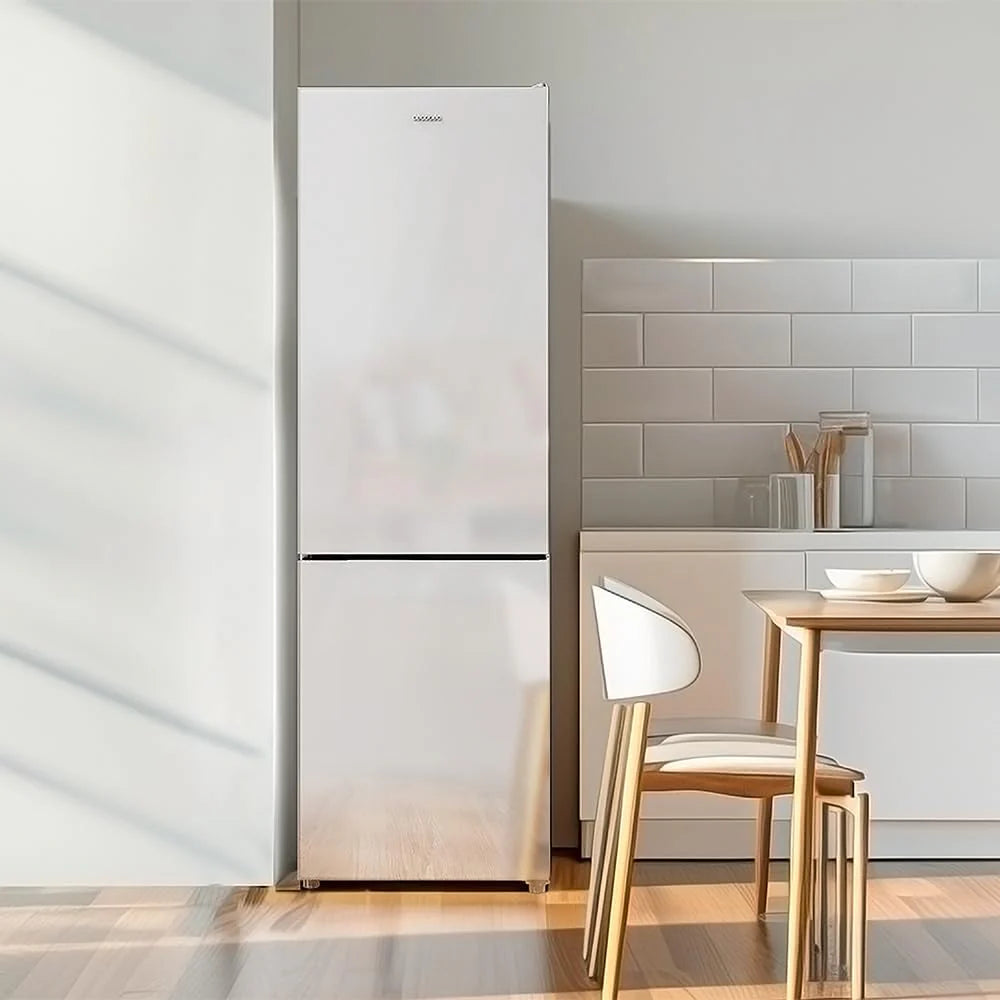 Cecotec Lodówka kombi Bolero CoolMarket Combi 250 White Glass D Inverter Plus kompresor, białe szkło 180 x 55 cm, 250 l, No Frost, klasa energetyczna D, Multi Air Flow, szybkie chłodzenie i pojemnik