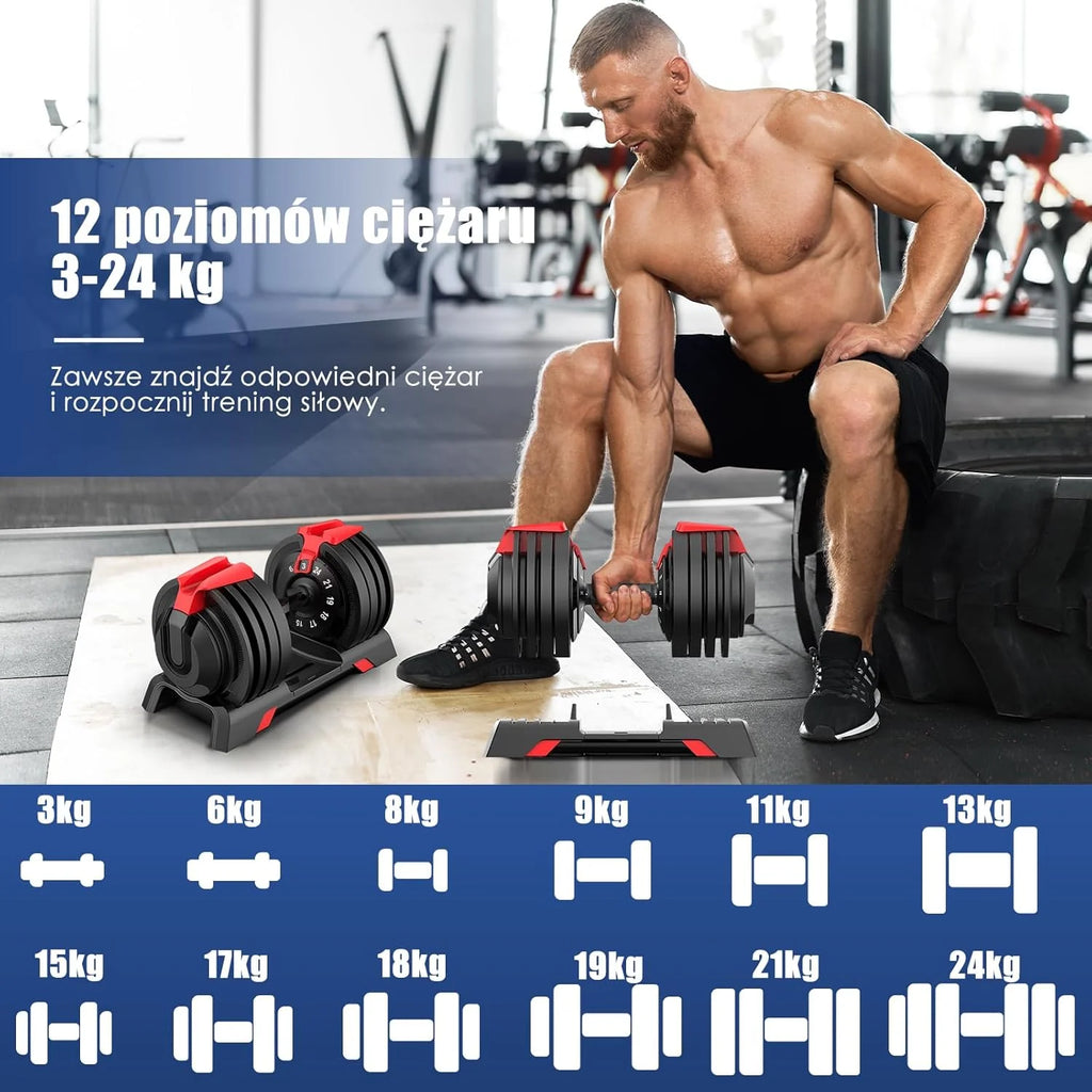 DH FitLife 18kg/24 kg Regulowane hantle z podstawą do przechowywania – zestaw hantli z płytami wagowymi, regulowane krótkie hantle oszczędzające miejsce, zmienne ciężary 12 w 1