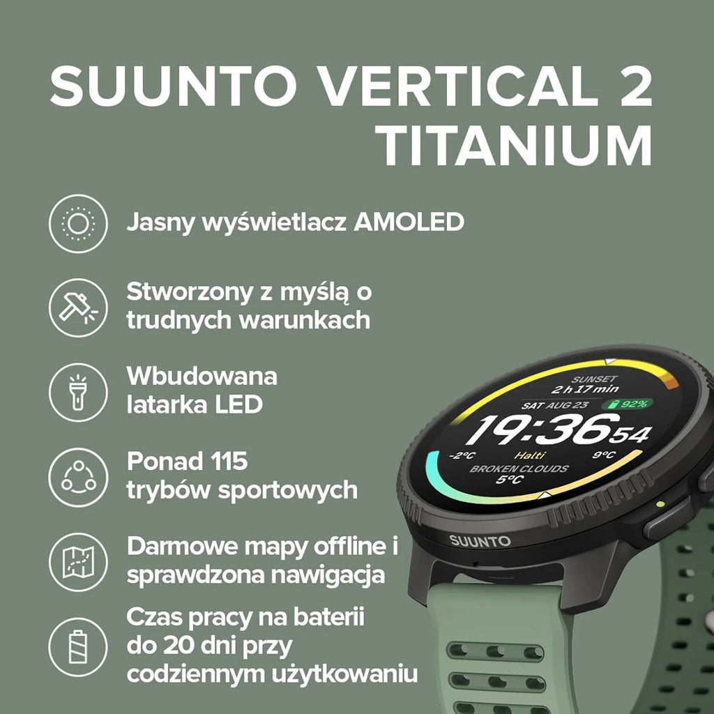 SUUNTO Vertical 2 Zegarek sportowy GPS, jasny 1,5-calowy ekran dotykowy AMOLED, latarka LED, 20-dniowy czas pracy baterii, mapy offline, wskaźniki treningowe i informacje o regeneracji, podwójny GNSS