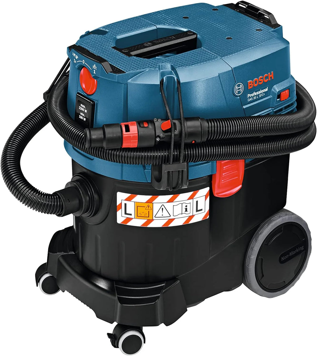 Bosch Professional: odkurzacz do pracy na mokro i sucho GAS 35 L SFC+ (1 200 W, 3 rury chromowane, wąż 3 m, zestaw dysz podłogowych, 1 filtr płaski fałdowany, worek na pył)