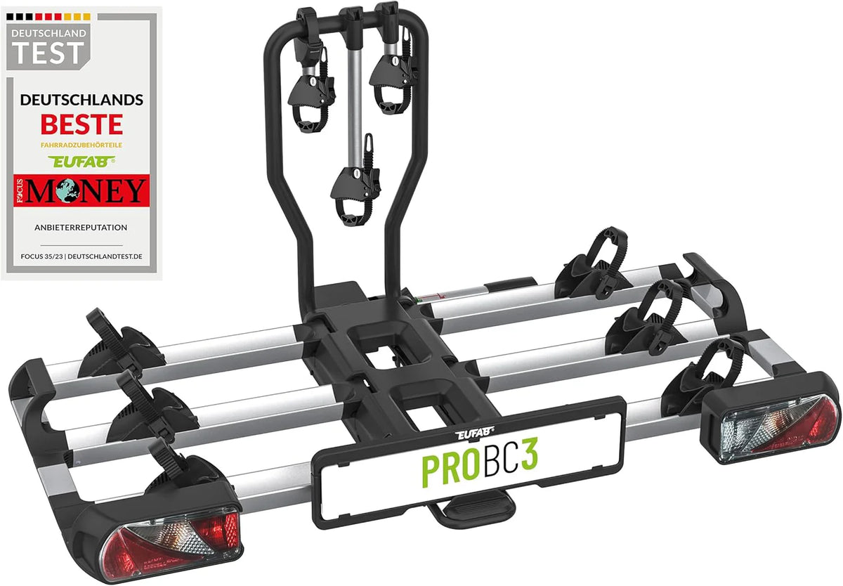 EUFAB 11602 ProBC3 bagażnik rowerowy na 3 rowery/rowery elektryczne, obciążenie użytkowe 60 kg, wstępnie zmontowany, składany za pomocą pedału nożnego, możliwość rozszerzenia na 4, szyny aluminiowe