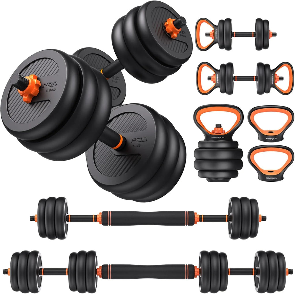 FEIERDUN Regulowane hantle, zestaw hantli o wadze 13,6 kg ze złączem, zestaw hantli 4 w 1, używany jako sztanga, kettlebell, stojak push-up, ćwiczenia fitness do domowej siłowni odpowiednie dla
