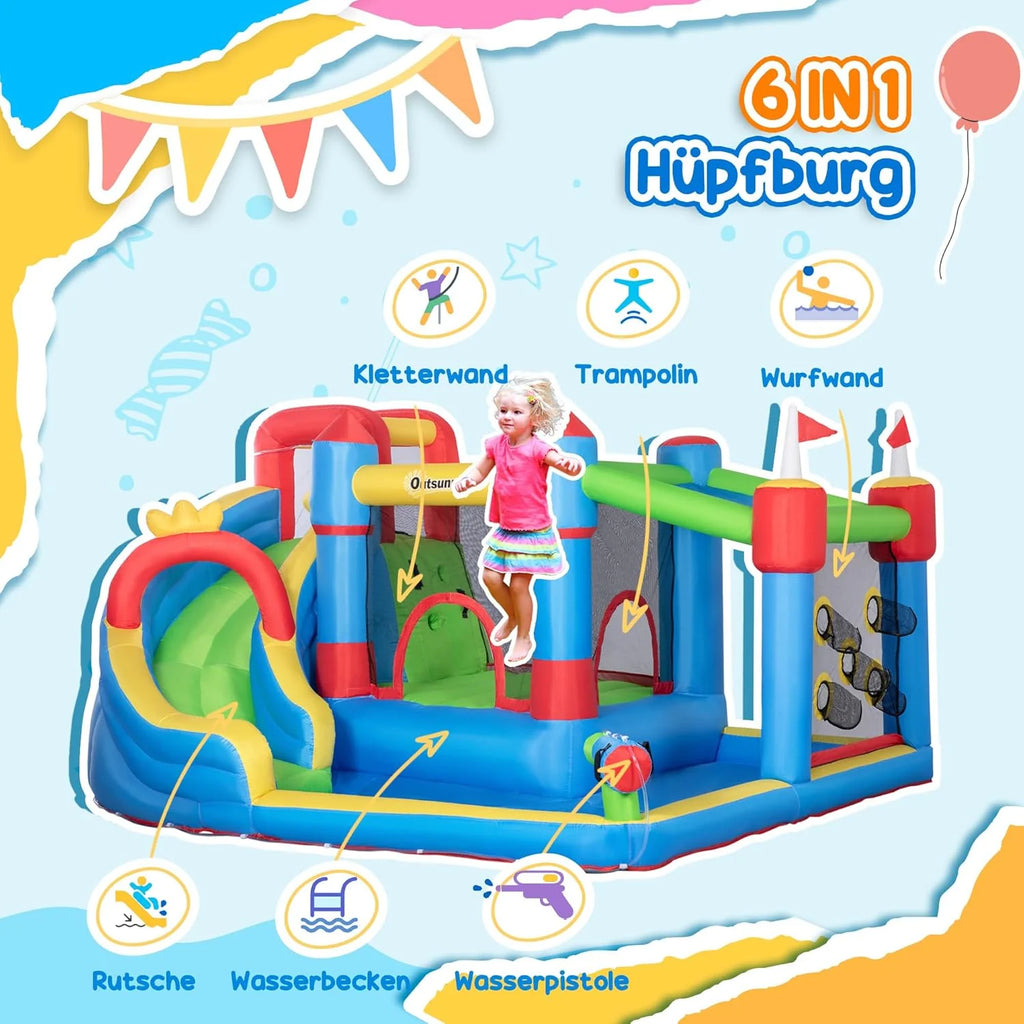 Outsunny Dmuchany zamek, park wodny, nadmuchiwany zamek z dmuchawą, centrum zabaw wodnych, w zestawie zjeżdżalnia wodna, trampolina, ścianka wspinaczkowa, dla dzieci od 3 lat, do użytku wewnątrz i na