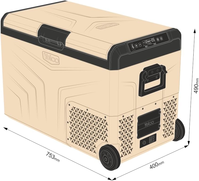 Yolco TCX50 piaskowa lodówka podróżna z kompresorem, 50 l + akumulator – Dual Zone, -20°C, 12/24 V i 230 V, aplikacja Bluetooth, lodówka i zamrażarka z rolkami, na kemping i w podróży