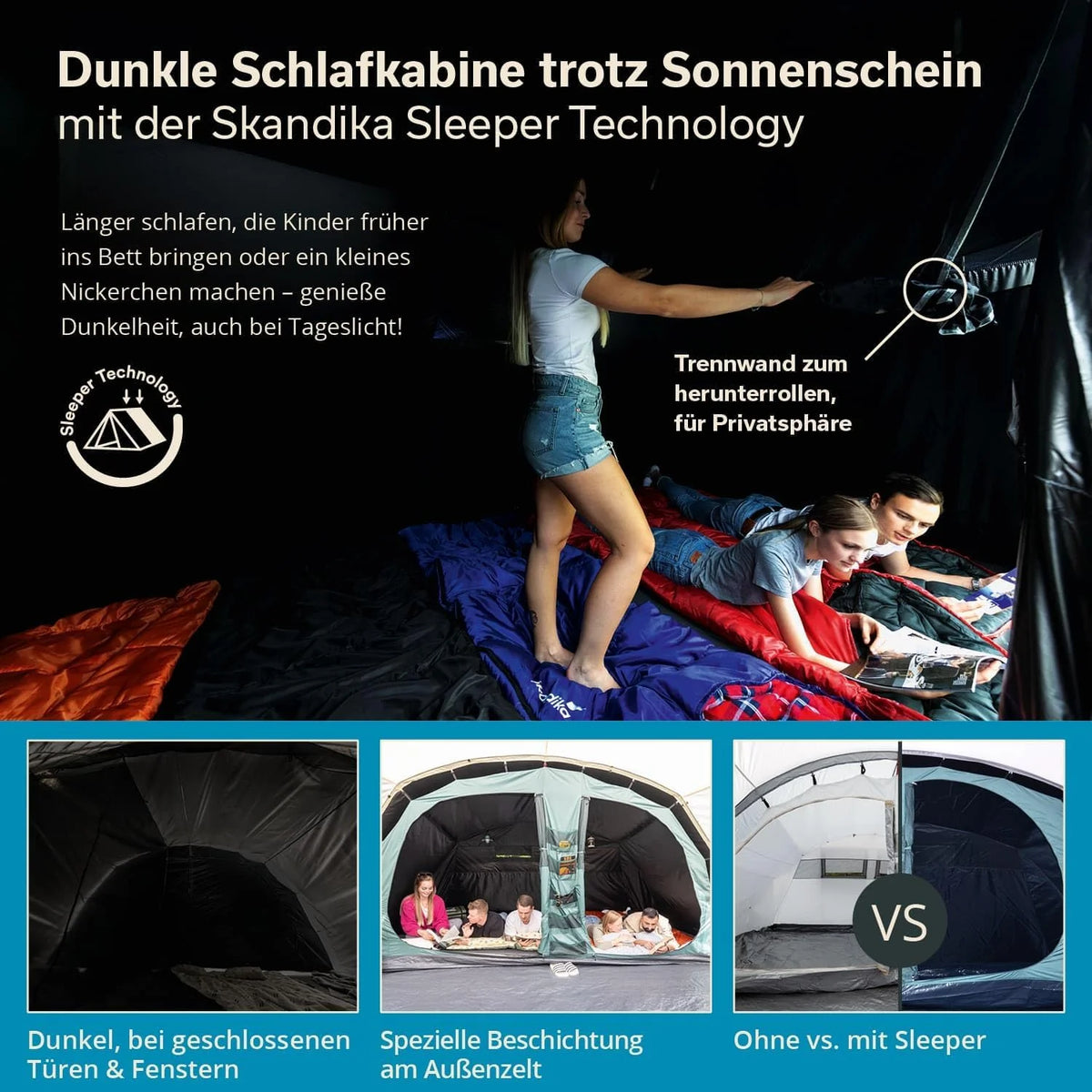 Skandika Namiot tunelowy Hafslo 6 XL Sleeper Protect | namiot kempingowy dla 6 osób, technologia Sleeper, wszyta podłoga namiotu, daszek, słup wody 5000 mm | duży namiot rodzinny, namiot, outdoor