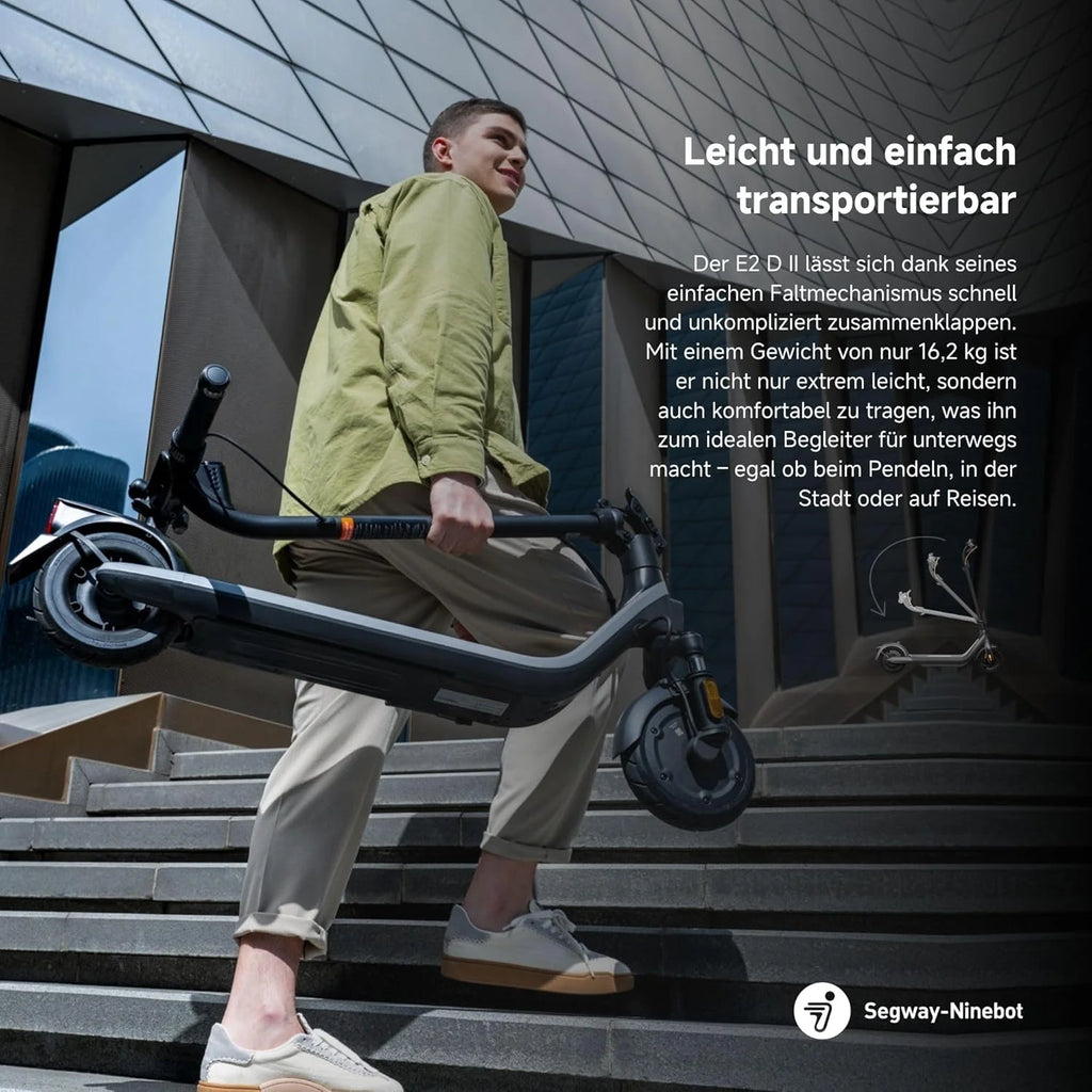 Segway-Ninebot E2 D II – E hulajnoga z dopuszczeniem do ruchu drogowego, z zawieszeniem i kierunkowskazem, moc 20 km/h, moc 450 W, zasięg 25 km, nośność 90 kg, hulajnoga elektryczna dla dorosłych,