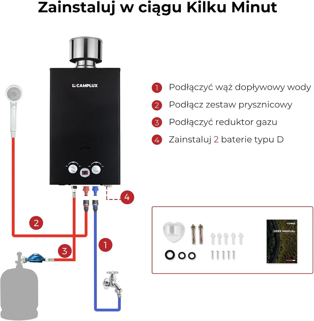 CAMPLUX 10 litrów gazowy podgrzewacz wody z pompą wodną BW264BCP120-DE, bezzbiornikowy zewnętrzny prysznic gazowy do mycia koni/kemping/podróży RV, 50mbar, LPG