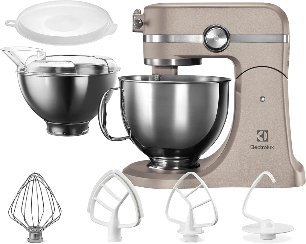 Electrolux Robot Kuchenny 1200 W, 10 prędkości + f. pulsacyjna, Oświetlenie LED misy, 2 misy o pojemności 4,8l i 2,9l, W Zestawie: Hak, Trzepaczka, Ubijaczka, Silikonowa Łyżka, Pokrywa, EKM5570,Beżowy
