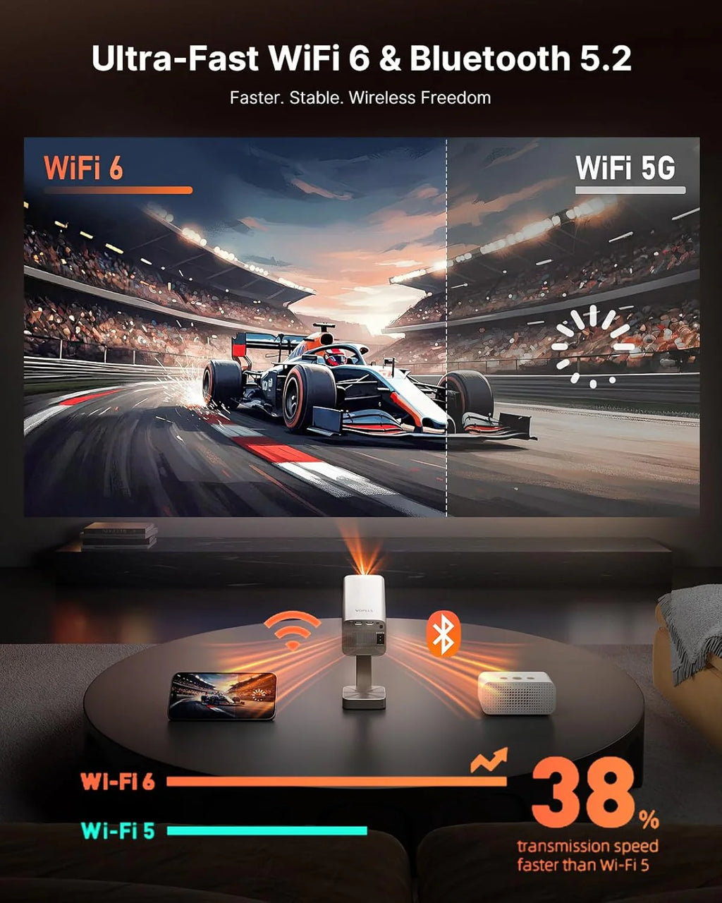 Mini projektor Smart 4K [oficjalny Netflix & Dolby Audio] VOPLLS TOF autofokus/korekcja trapezowa, projektor 26000 lumenów, WiFi6 Bluetooth Full HD 1080p obracany o 210°, projektor kina domowego