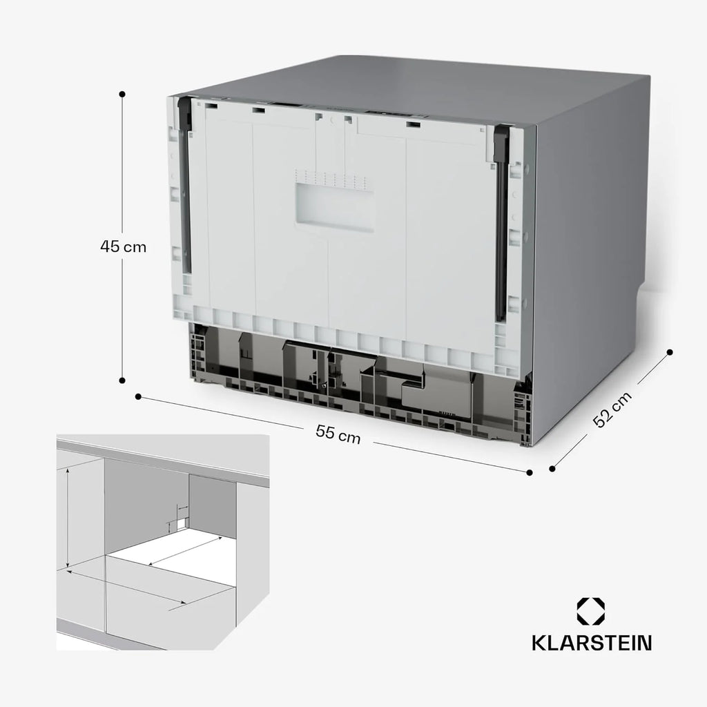 Klarstein Zmywarka do zabudowy – kompaktowy model 45 cm, 6 nakryć, higiena UV, AquaStop, klasa efektywności energetycznej D, cicha praca 49 dB, intuicyjna obsługa