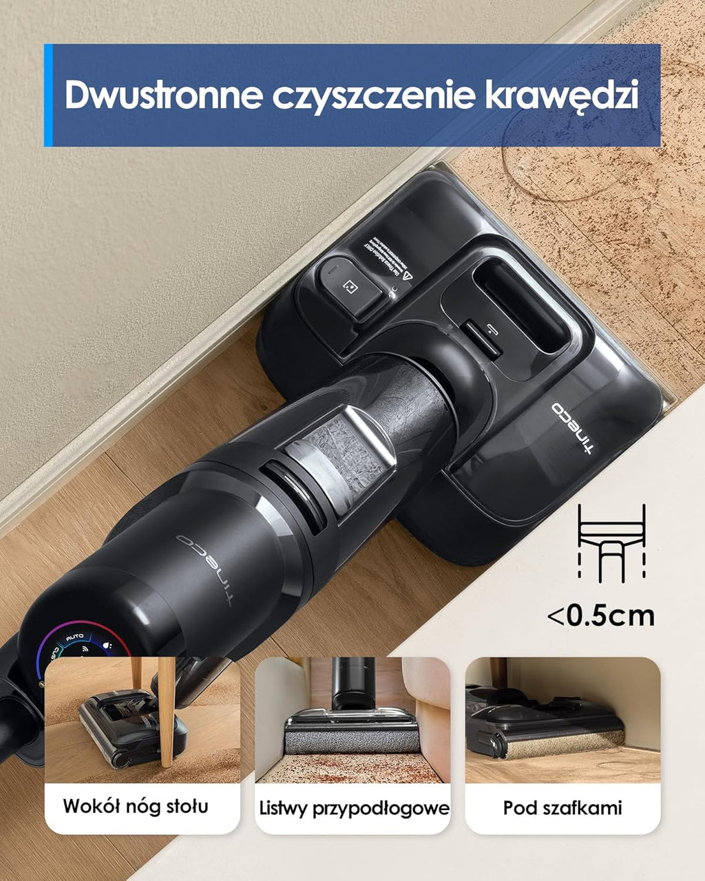 Tineco Floor ONE S7 Stretch Ultra Bezprzewodowy Odkurzacze na sucho i mokro, zapobiegająca splątaniu 180°, czas pracy 50 minut, samooczyszczanie Flashdry 85℃, dwustronne czyszczenie krawędzi