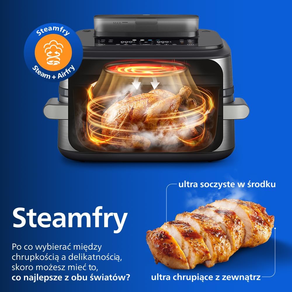 Philips Airfryer Ovi serii 5000 Megabasket z parą - Steamfry, Gotowanie na parze i Airfry, 28 metod gotowania; 9,5 l w Megabasket lub 3 l + 6 l w podwójnym koszu, RapidAir, czyszczenie parą (NA565/00)