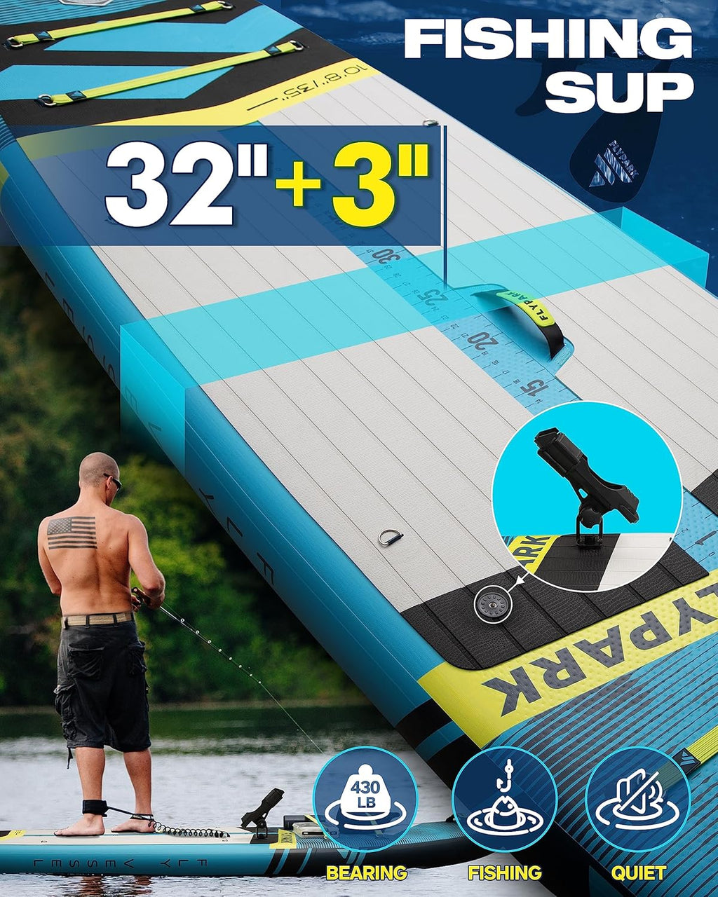 Flypark 10'8/11'x35'' wędkarstwo i rodzinne stabilne nadmuchiwane deski wiosłowe, bardzo szerokie nadmuchiwane deski SUP, łożysko 195 kg, deska do wiosłowania stojącego, uchwyt na aparat, pasek na