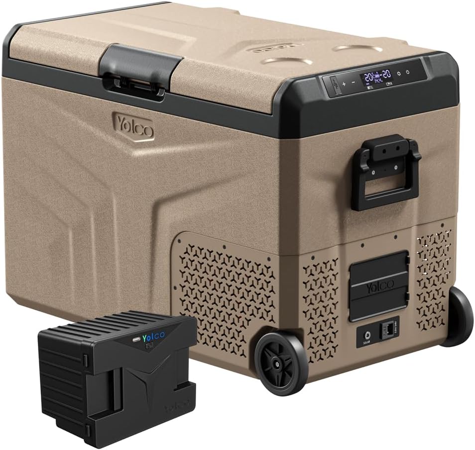Yolco TCX50 piaskowa lodówka podróżna z kompresorem, 50 l + akumulator – Dual Zone, -20°C, 12/24 V i 230 V, aplikacja Bluetooth, lodówka i zamrażarka z rolkami, na kemping i w podróży