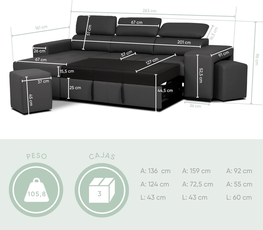 Sofa narożna BUDWING John 4-osobowa z funkcją spania – rozkładana leżanka, regulowany zagłówek i 2 pufy – tapicerowana poliuretanem – styl nowoczesny – 263 x 161 x 96 cm – kolor czarny