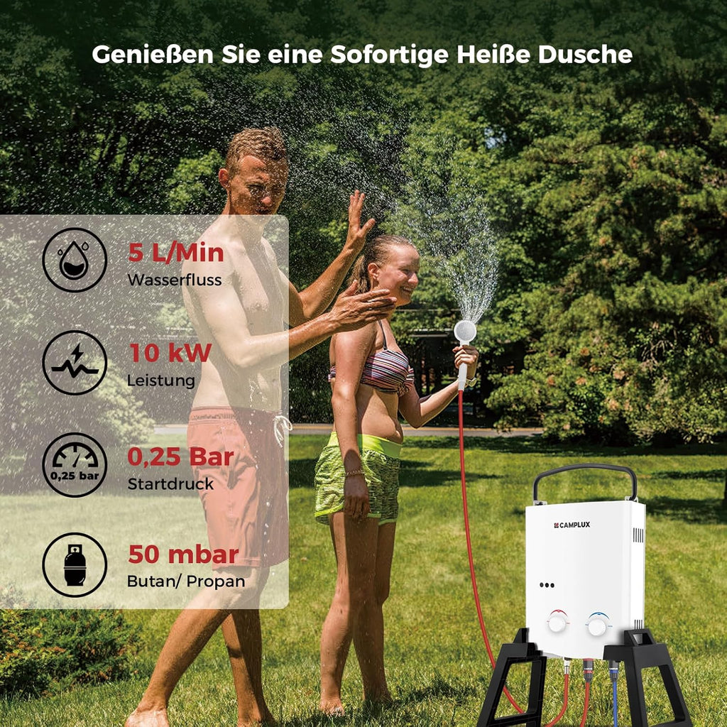 CAMPLUX AY132Max-DE gazowy podgrzewacz przepływowy z pompą wodną, LPG, 50 mbar, na prysznic kempingowy/wycieczkę do kampera, AY132Max-DE