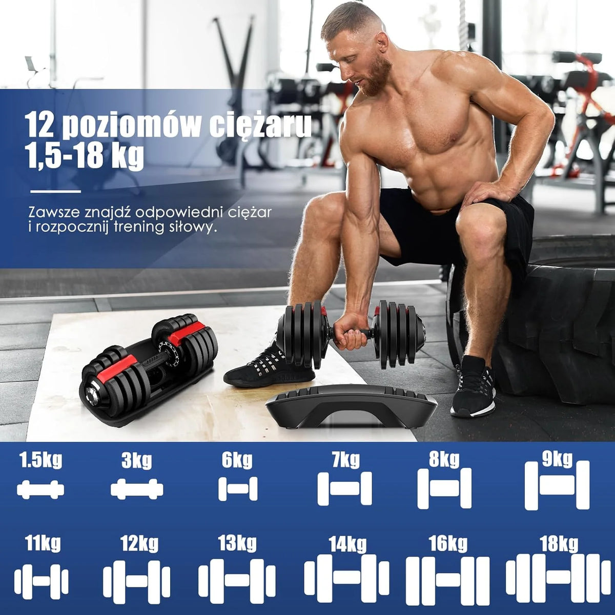 DH FitLife 18kg/24 kg Regulowane hantle z podstawą do przechowywania – zestaw hantli z płytami wagowymi, regulowane krótkie hantle oszczędzające miejsce, zmienne ciężary 12 w 1