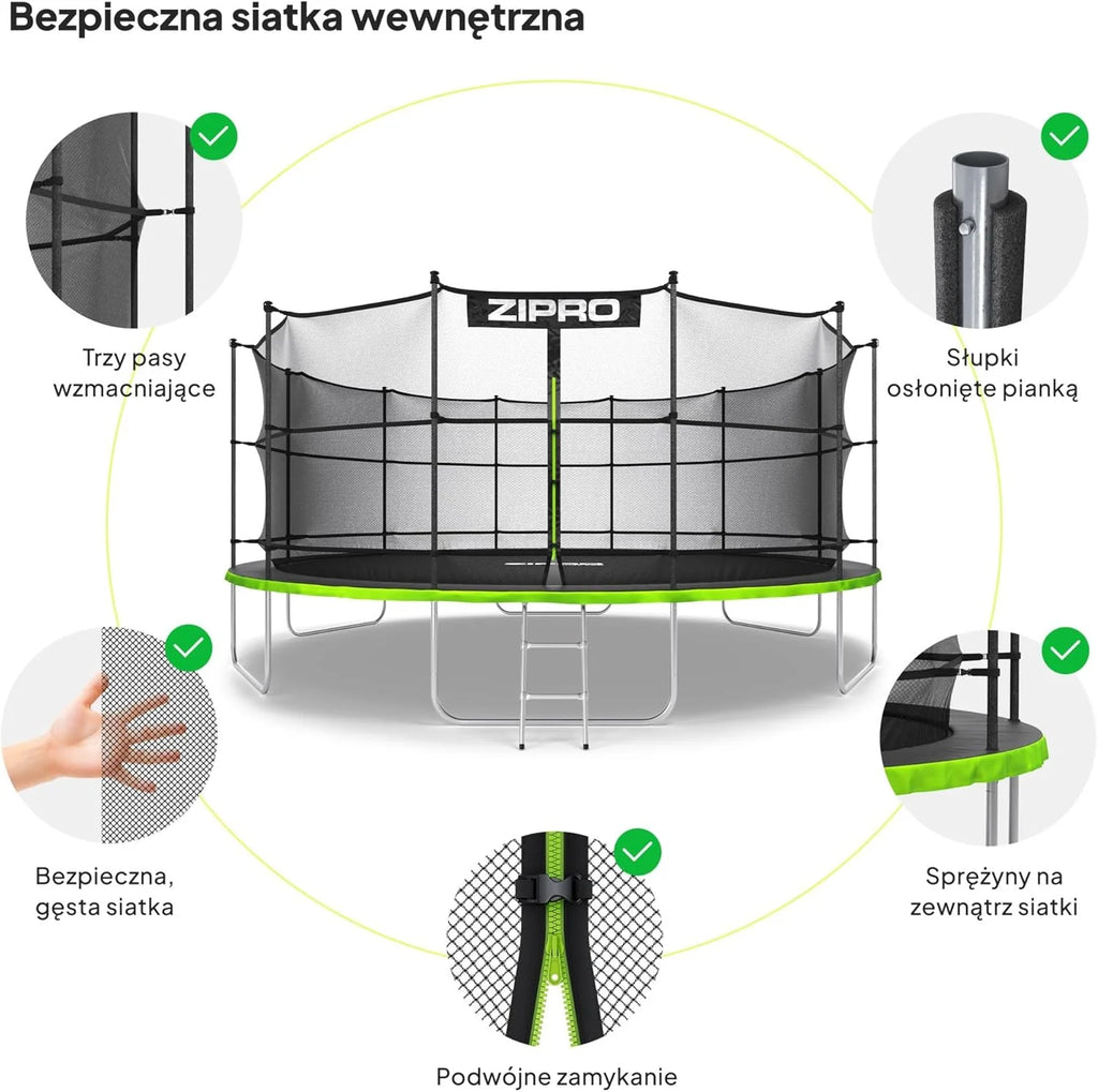 ZIPRO JumpPro IN Trampolina Ogrodowa, Trampolina dla Dzieci, z Siatką Wewnętrzną, Odporna na Warunki, Ochrona UV, Udźwig 100-150 kg, Ø 183/252/312/374/435/496 cm