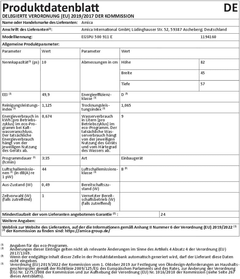Amica EGSPU 500 911 E podblatowa zmywarka do naczyń, 10 MG, 3 kosze, 6 Progr/OpenDry/AQS /44 dB/klasa efektywności energetycznej D