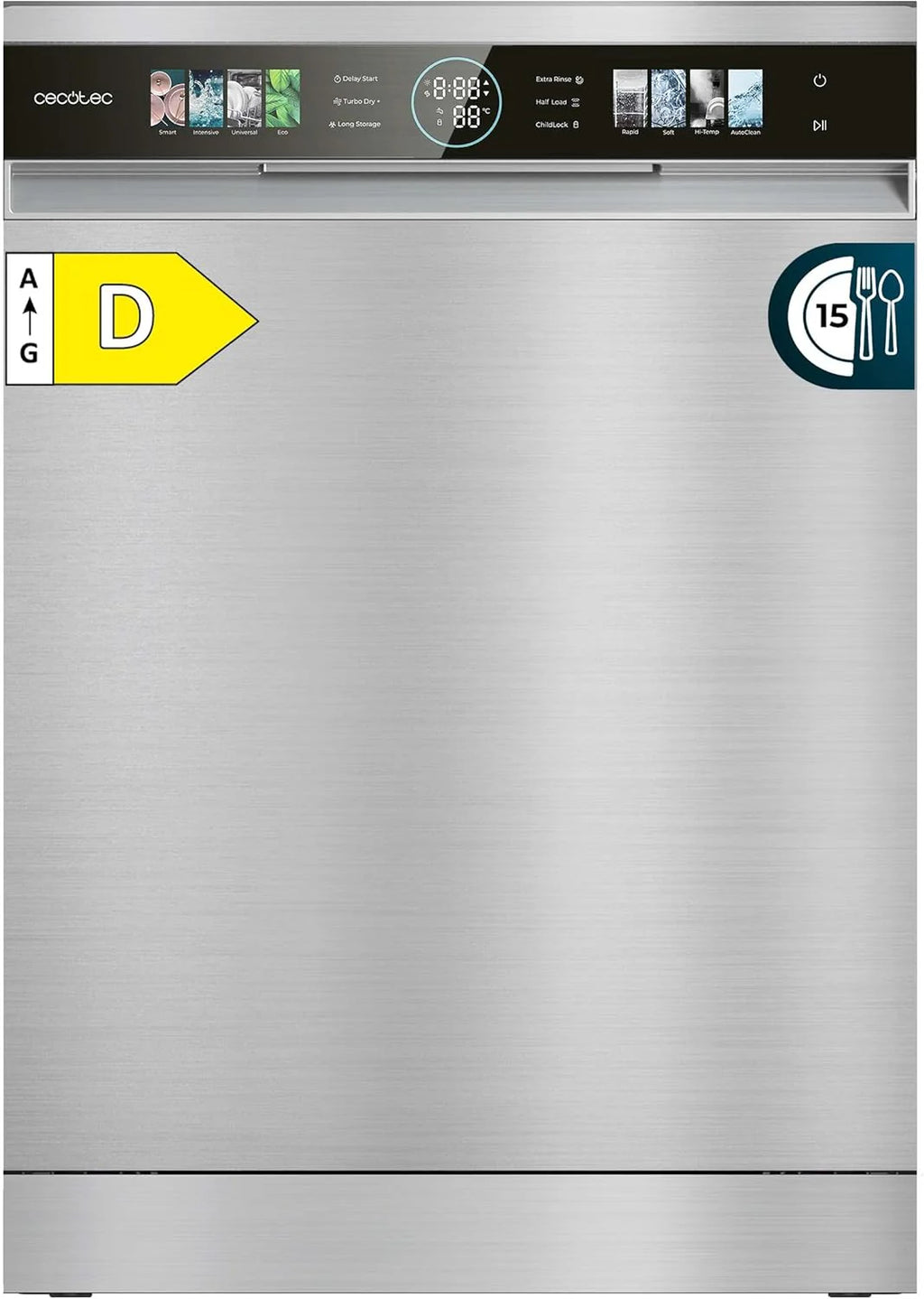 Cecotec Bolero Aguazero 60 cm kompaktowa zmywarka 6320 D, 1900 W, 15 sztućców, 8 programów, wyświetlacz FullColor XXL, Smart Wash, UV Light, Turbo Dry+, AutoClean, Średnie ładowanie, Delay Start